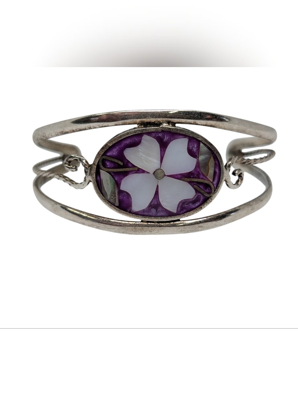 Vintage Alpaca Mexico Cuff W Mother Of Pearl And Abalone Flower